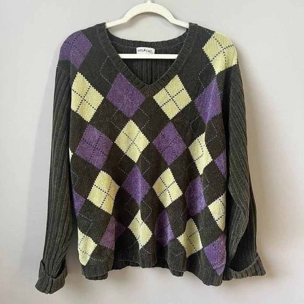 Vintage Sweater Women's Large Argyle Velour Moss Green Lime Green Purple Indie